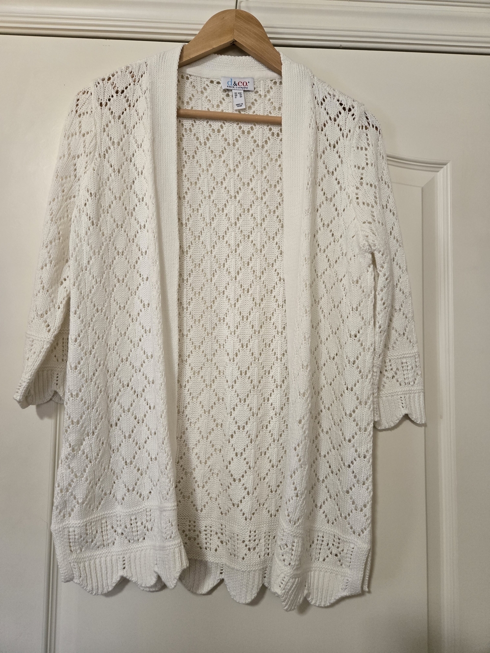 d+co White Open-Front Pointelle Cardigan with Scallop Hem Knit Layers Cotton